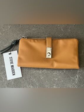 Steve Madden Caramel Tan Leather Wristlet with Silver Tone Lock